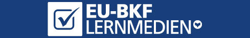 Weißes EU-BKF Lernmedien Logo auf blauem Hintergrund