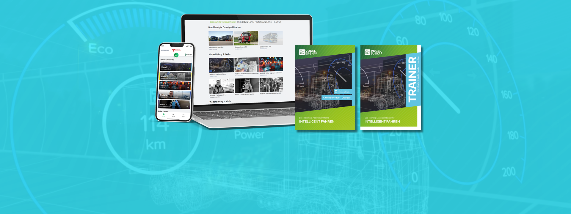 4. Welle Modul 1 - Intelligent Fahren 4. Welle Modul 1 "Intelligent Fahren" - Abbildung des Teilnehmerhefts, des Trainerhefts, der App sowie des Trainings am Desktop