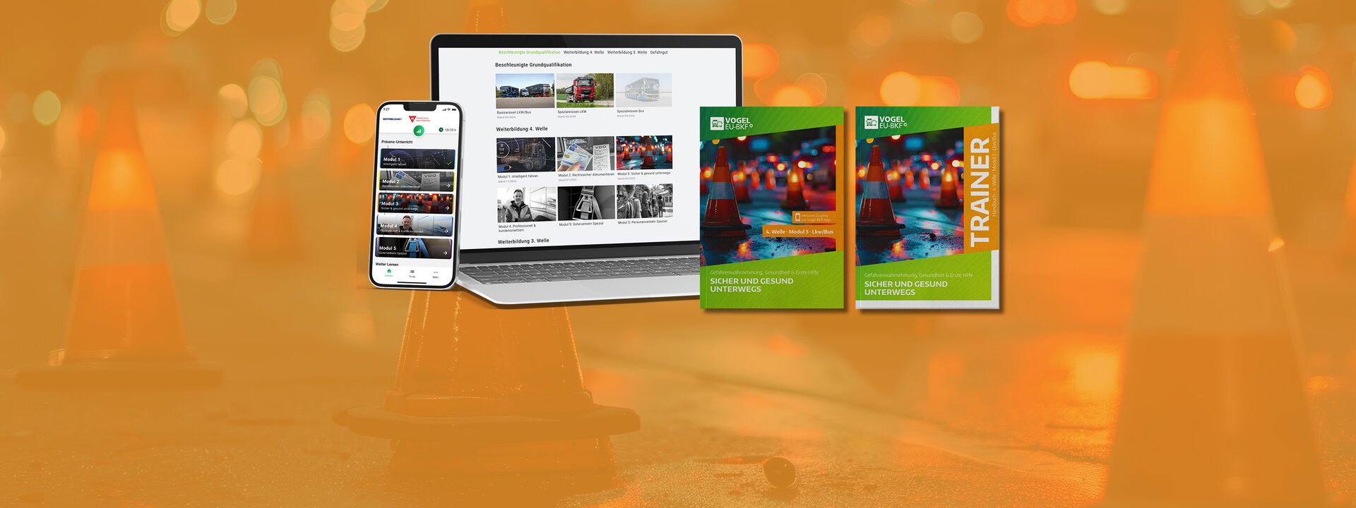 4. Welle Modul 3 - Sicher und gesund unterwegs 4. Welle Modul 3 "Sicher und gesund unterwegs" - Abbildung des Teilnehmerhefts, des Trainerhefts, der App sowie des Trainings am Desktop