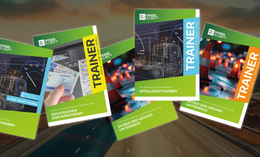 4. Welle Weiterbildung Beruftskraftfahrer*innen Abbildung der verschiedenen Trainerhefte aus der 4. Welle der Weiterbildung für Berufskraftfahrer*innen