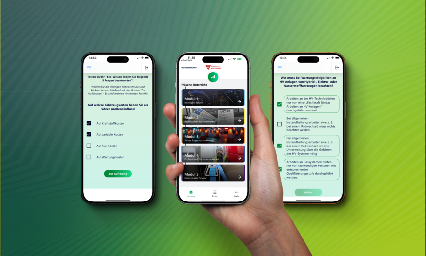 Drei Smartphones zeigen verschiedene Inhalte aus der Vogel BKF App