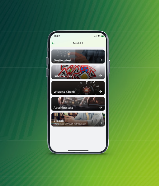 "Modul 1" aus der Vogel BKF App vor grünem Verlauf
