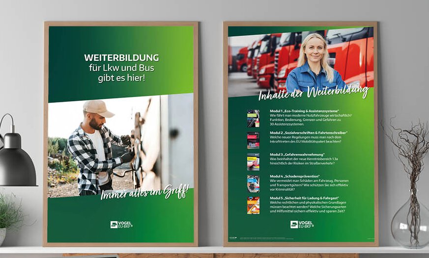 Weiterbildung für Lkw und Bus gibt es hier! Poster Poster zur Weiterbildung Lkw und Bus hängen in Büro