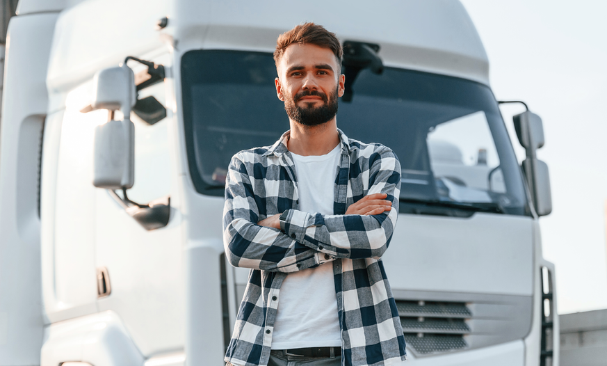 Freundlicher Mann vor LKW Ein junger Mann steht mit verschränkten Armen entspannt vor einem weißen LKW und lächelt in die Kamera.