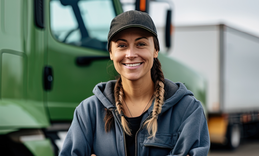Formulare für Berufskraftfahrer*innen Junge Frau steht lächelnd vor Lkw