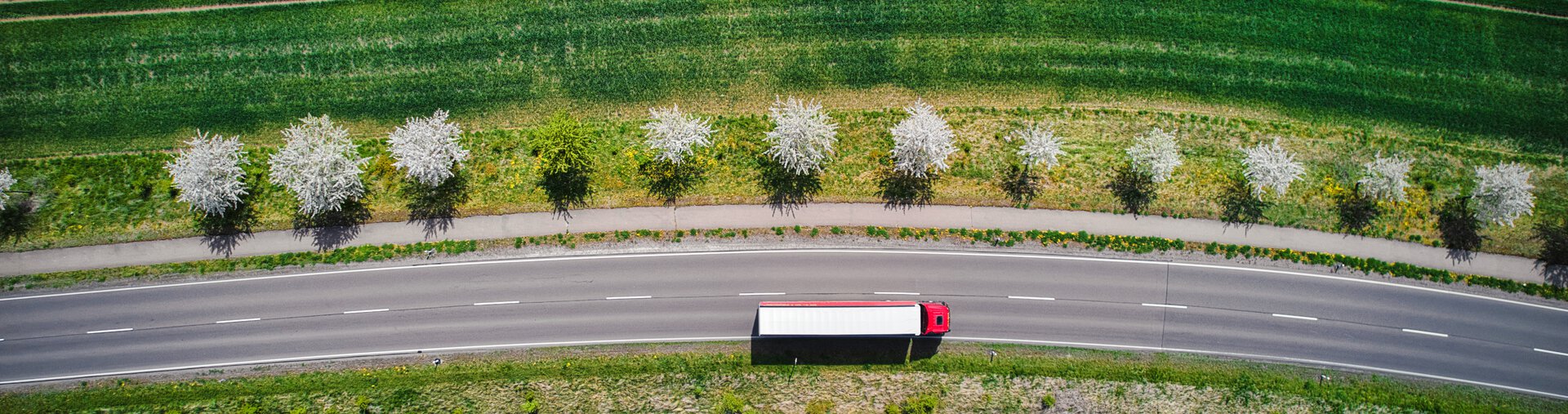Luftaufnahme eines roten Lkws auf Landstraße zwischen gründen Feldern