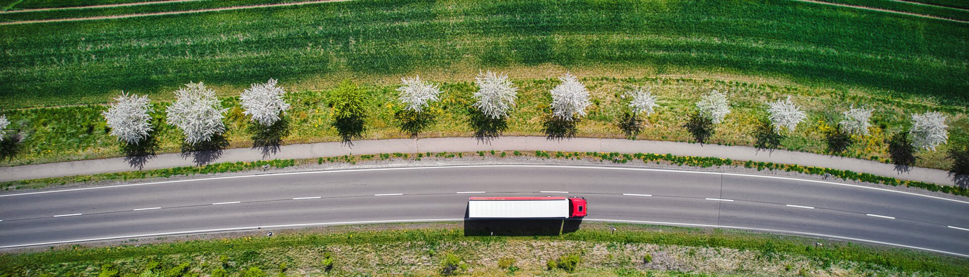 Luftaufnahme eines roten Lkws auf Landstraße zwischen gründen Feldern