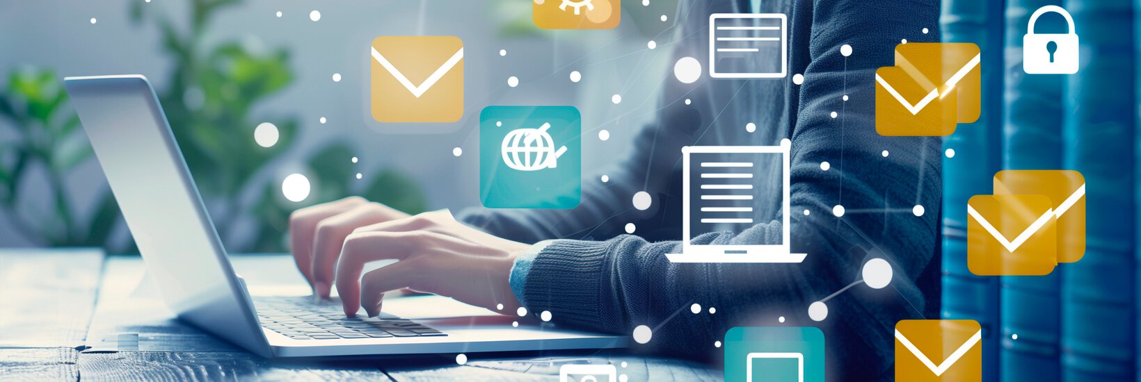 Laptop mit Icons Mann nutzt Webplattformen für Online‑Schulungen und E‑Learning‑Webinare im Internet zur persönlichen Weiterentwicklung und Qualifikation.