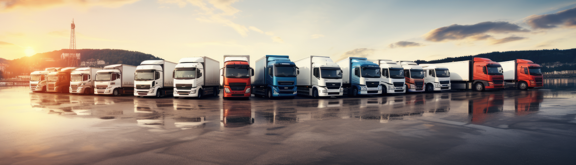 rote, weiße und blaue Lkws stehen auf Parkplatz im Kreis