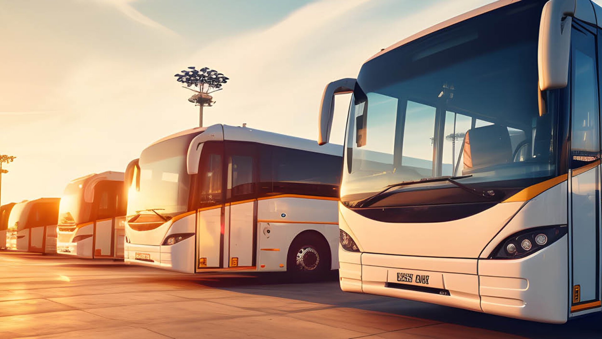 Busse in einer Reihe auf sonnigem Parkplatz