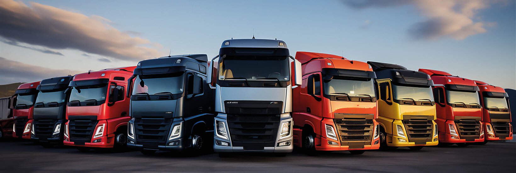 Viele Lkws in unterschiedlichen Farben stehen nebeneinander auf gereiht in einem Halbkreis unter einem abendlichen HImmel