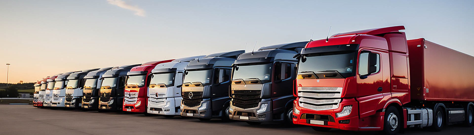 Lkws in langer Reihe auf Parkplatz bei Sonnenuntergang