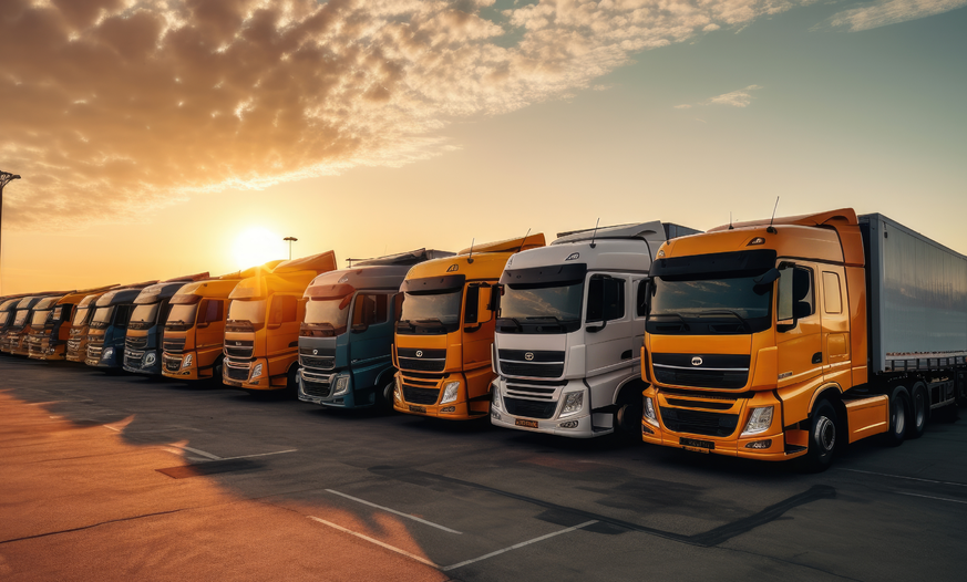 Mehrere Lkw stehen vor Sonnenuntergang in einer Reihe