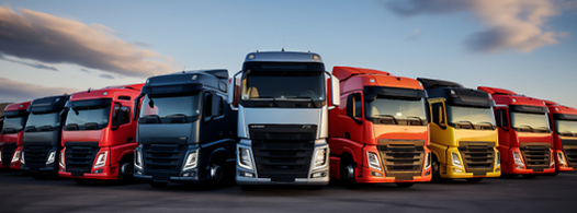 Lkws stehen in Reihe auf dem Parkplatz