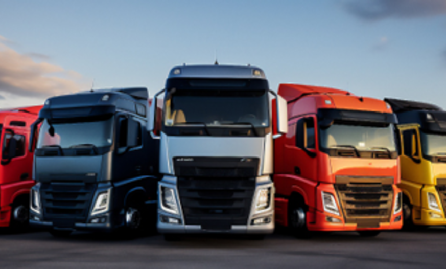 Lkws stehen in Reihe auf dem Parkplatz