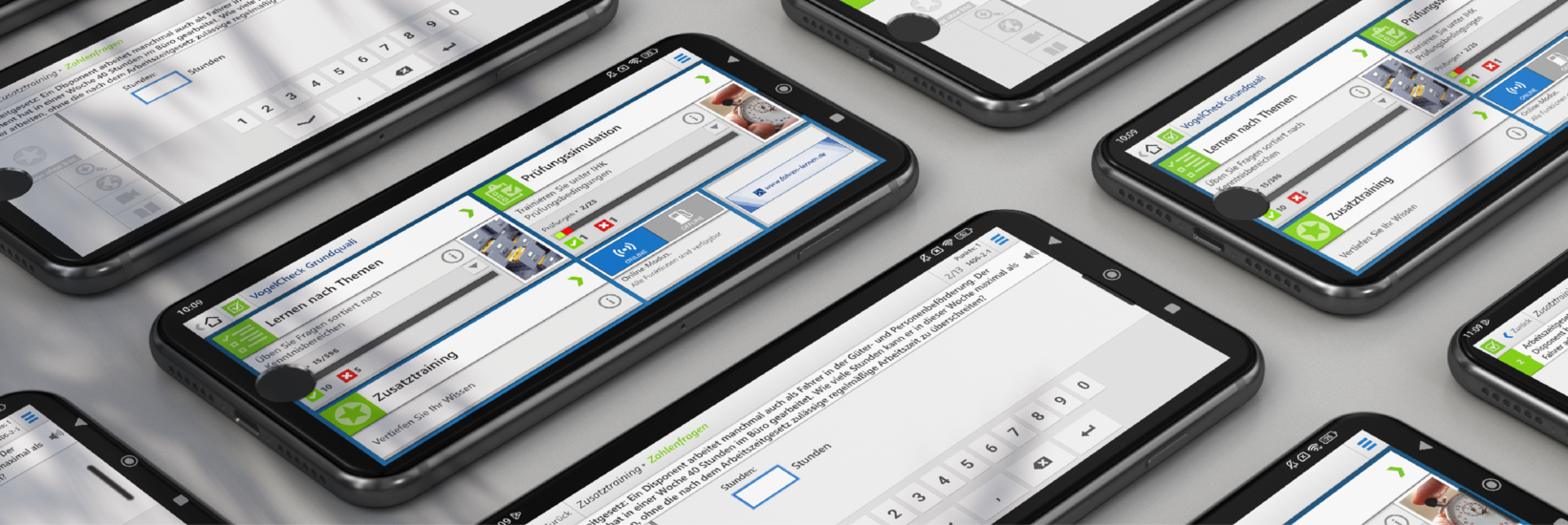 Smartphone mit VogelCheck Mehrere Smartphones liegend mit verschiedenen VogelCheck Abbildungen