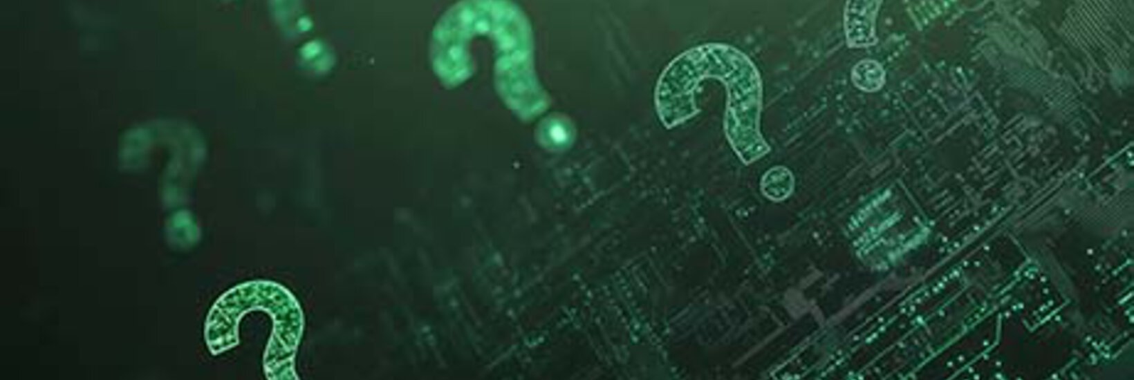 Technisch anmutende Skizze schwebender grüne Fragezeichen vor dunklem Hintergrund