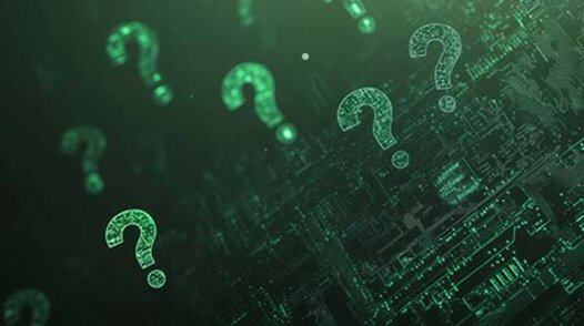 Grüne Fragezeichen Technisch anmutende Skizze schwebender grüne Fragezeichen vor dunklem Hintergrund