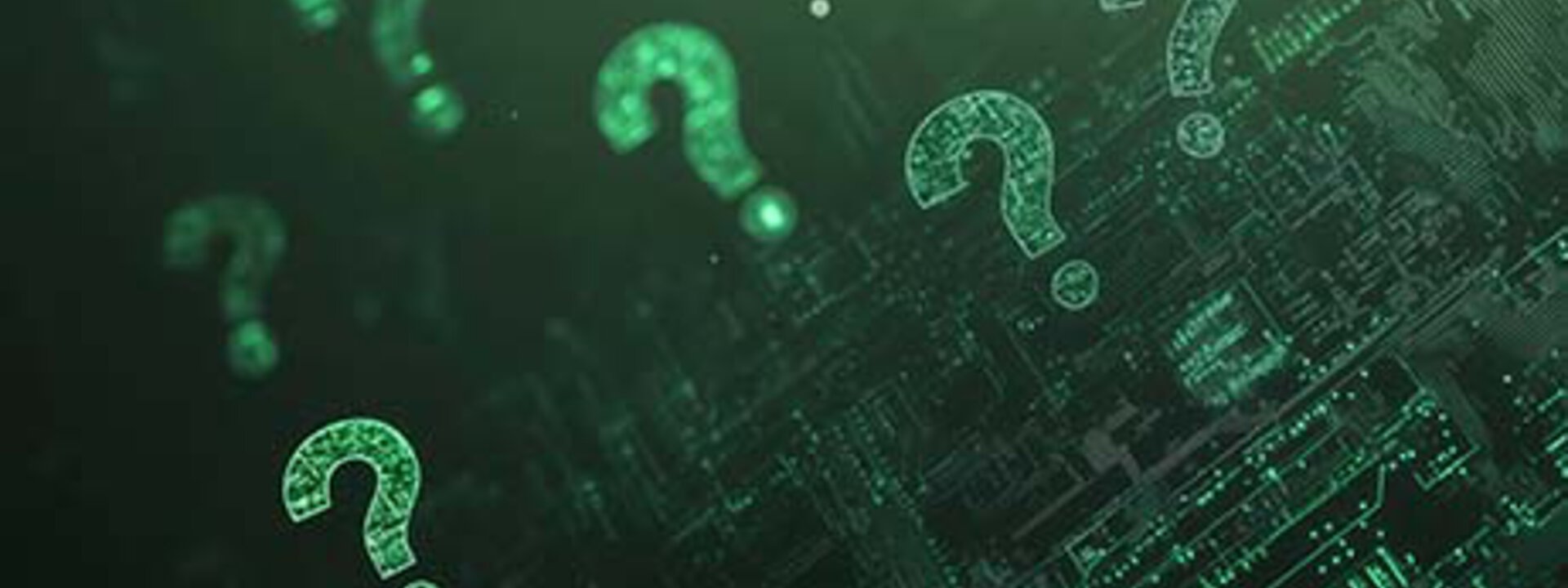 Grüne Fragezeichen Technisch anmutende Skizze schwebender grüne Fragezeichen vor dunklem Hintergrund