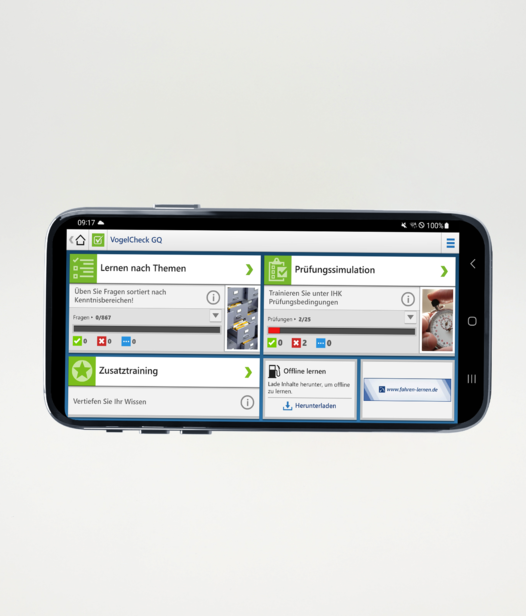 Startseite der Lernapp für Berufskraftfahrer VogelCheck