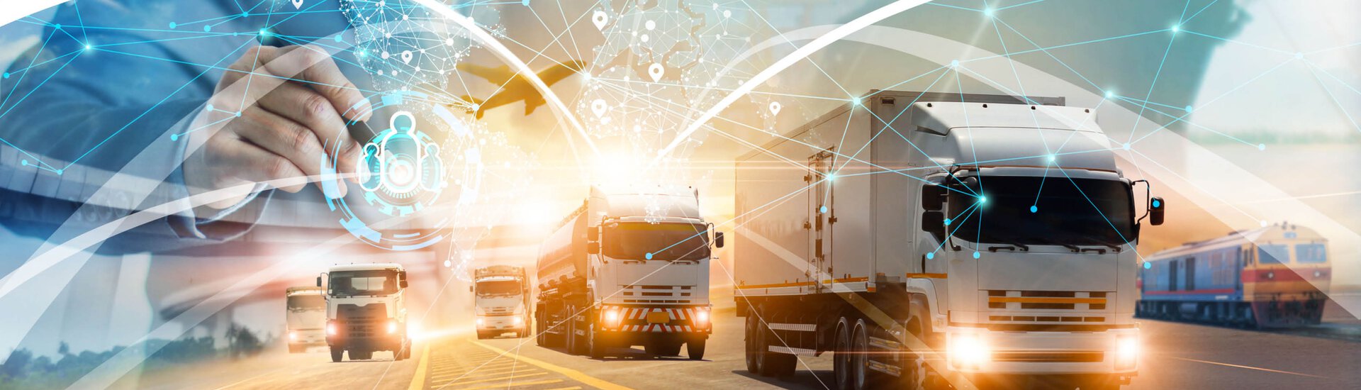 Futuristisch anmutende Abbildung von weißen Lkws auf einer Straße Weiße Lkws auf Straße