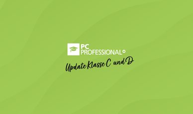 Weißes PC Professional Logo mit schwarzem Schriftzug "Update C und D" darunter