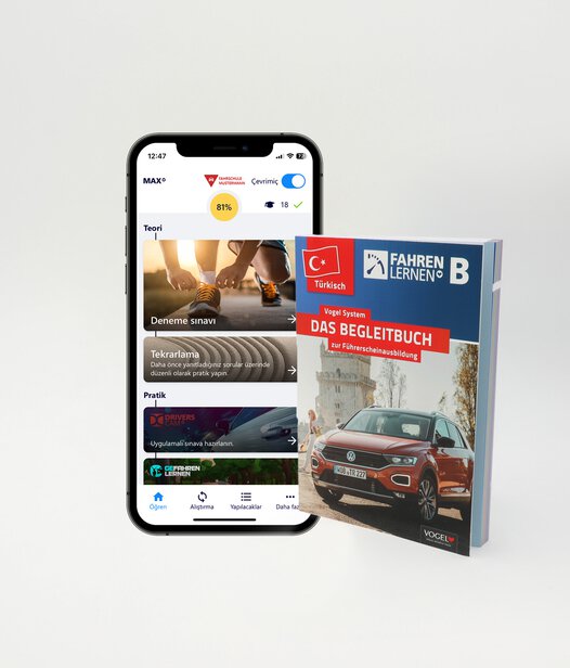 Führerschein Lernset bestehend aus der Fahren Lernen Max App und dem Begleitbuch auf Türkisch